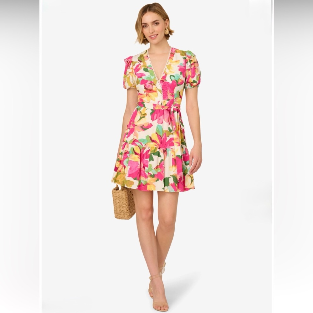 Adrianna Papell Floral Print Puff Sleeve Flounce Mini Dress Size 12 NWT